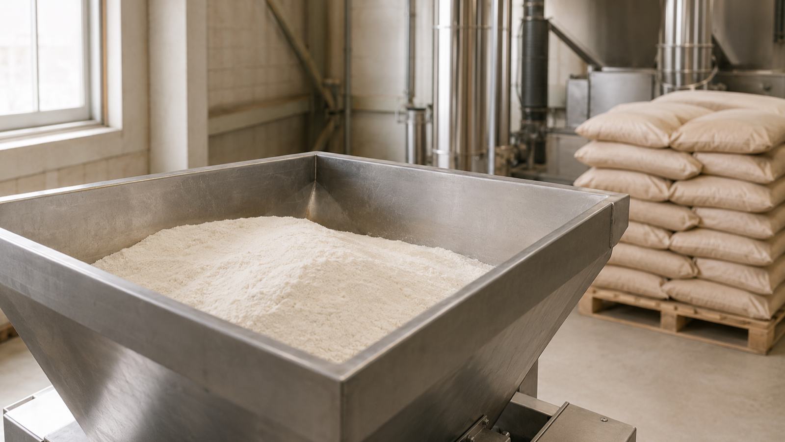 A stainless steel mixing hopper holding pale mineral premix on a feed mill floor.