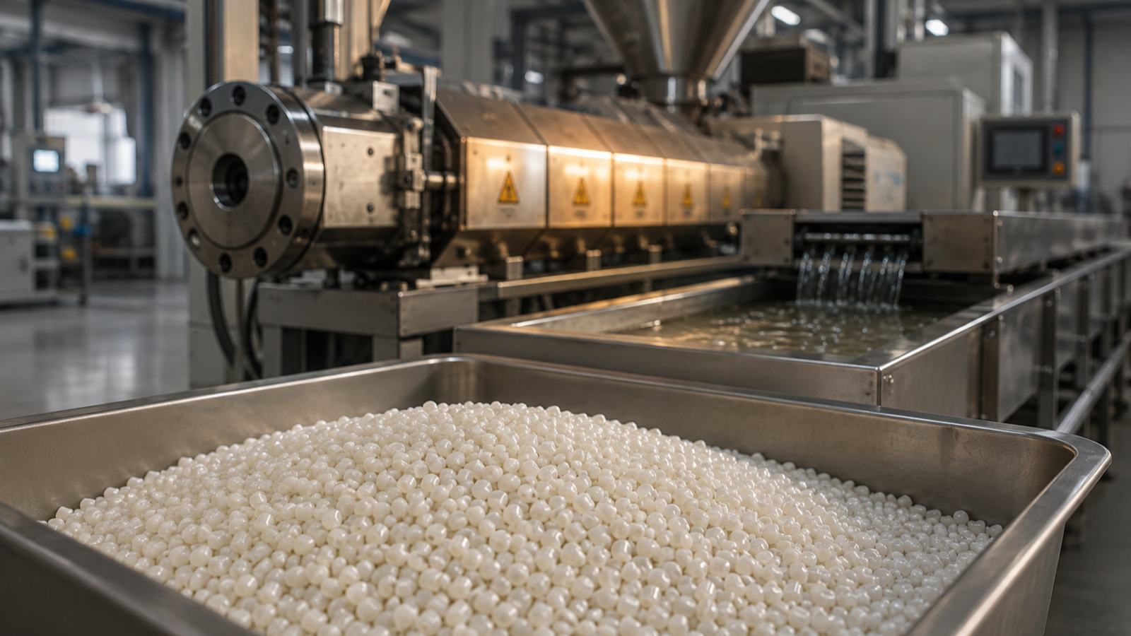 Bone-white polymer pellets at the die face of a twin-screw compounding extruder.