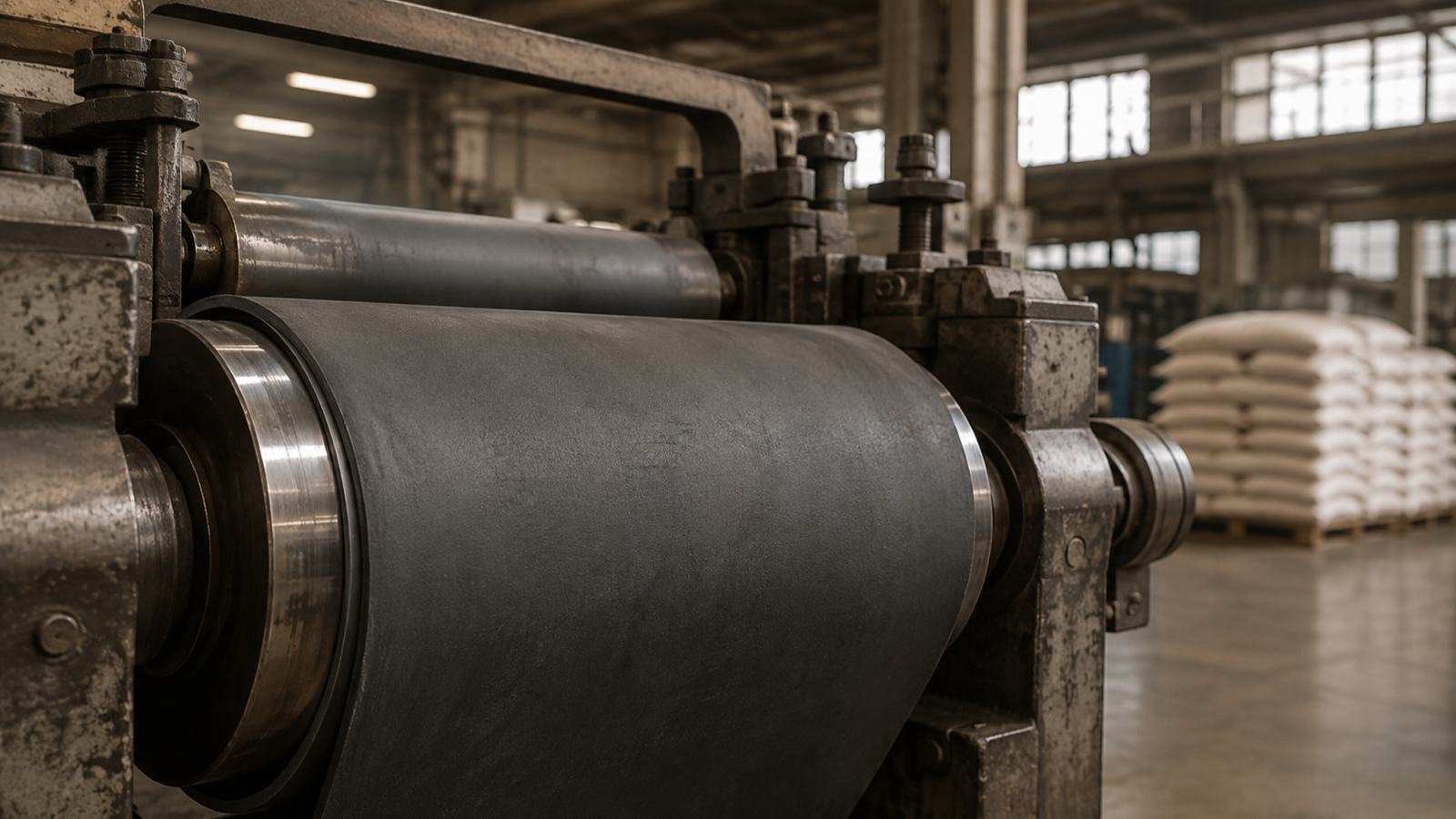 A two-roll mill banding a sheet of uncured grey rubber on a compounding floor.