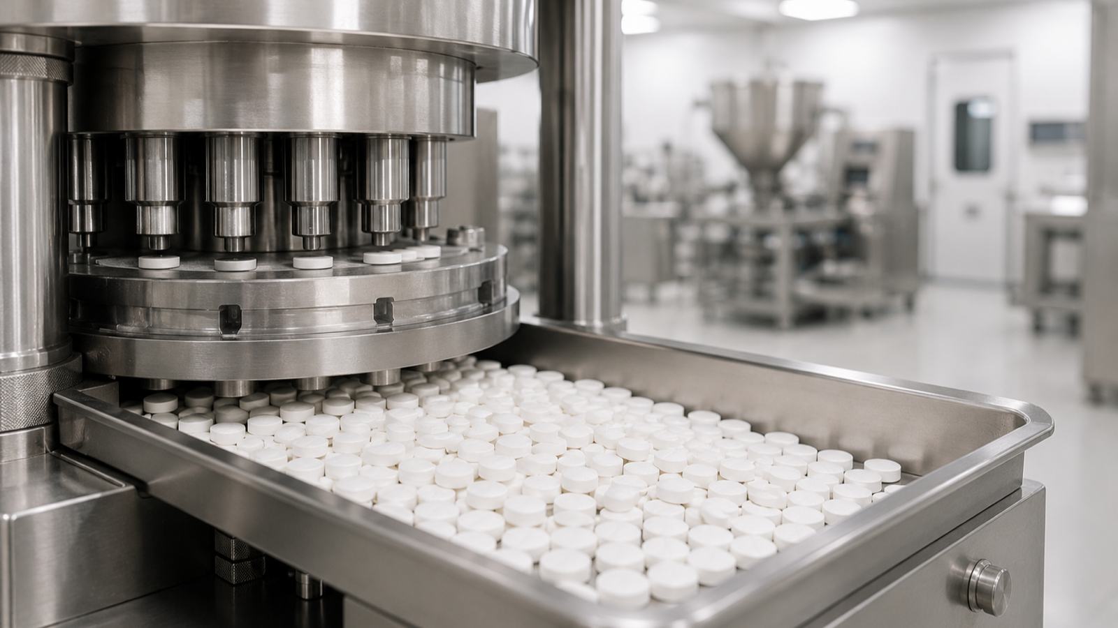 A rotary tablet press forming plain uncoated tablets in a pharmaceutical production room.