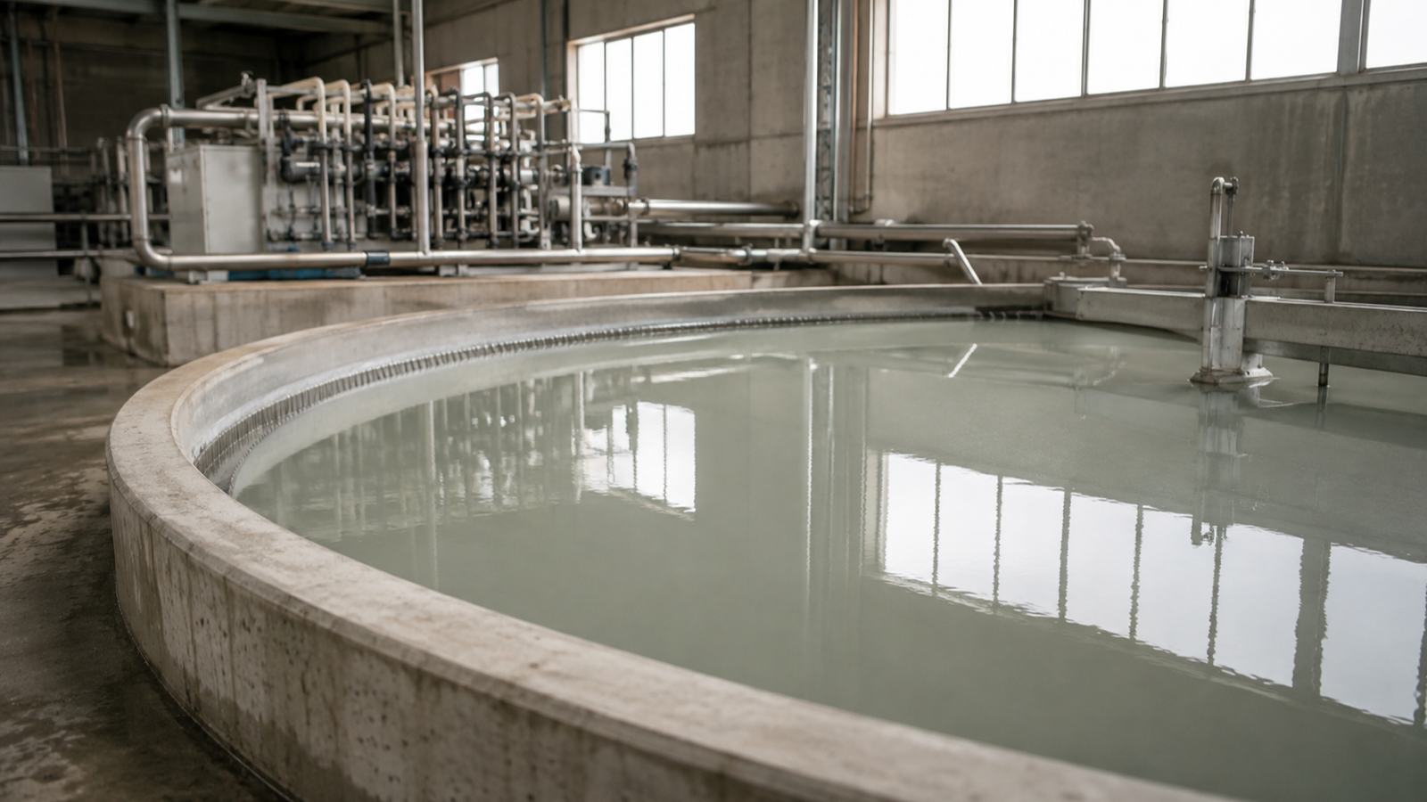 A circular clarifier tank and chemical dosing lines in an industrial wastewater plant.
