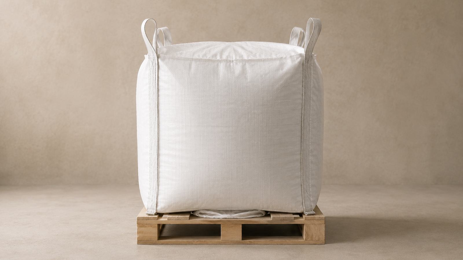 A filled one-tonne bulk bag with four lifting loops, standing on a wooden pallet.