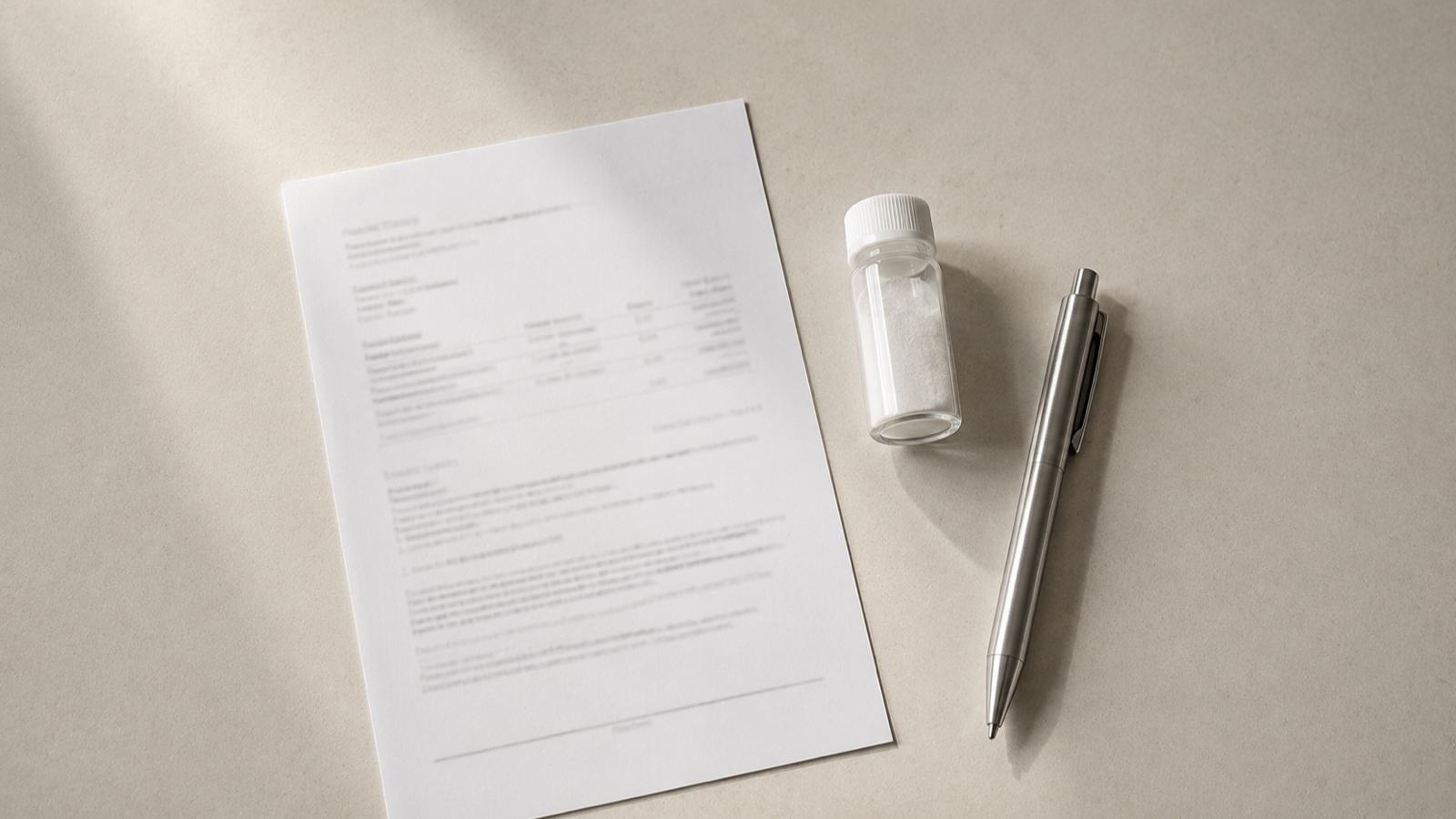 A printed analysis report beside a sealed sample vial of white powder.