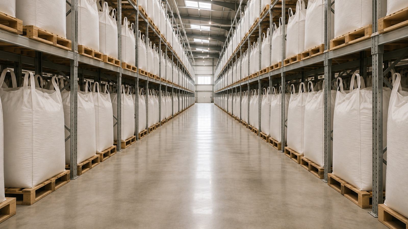 Rows of one-tonne bulk bags on pallets in warehouse racking.